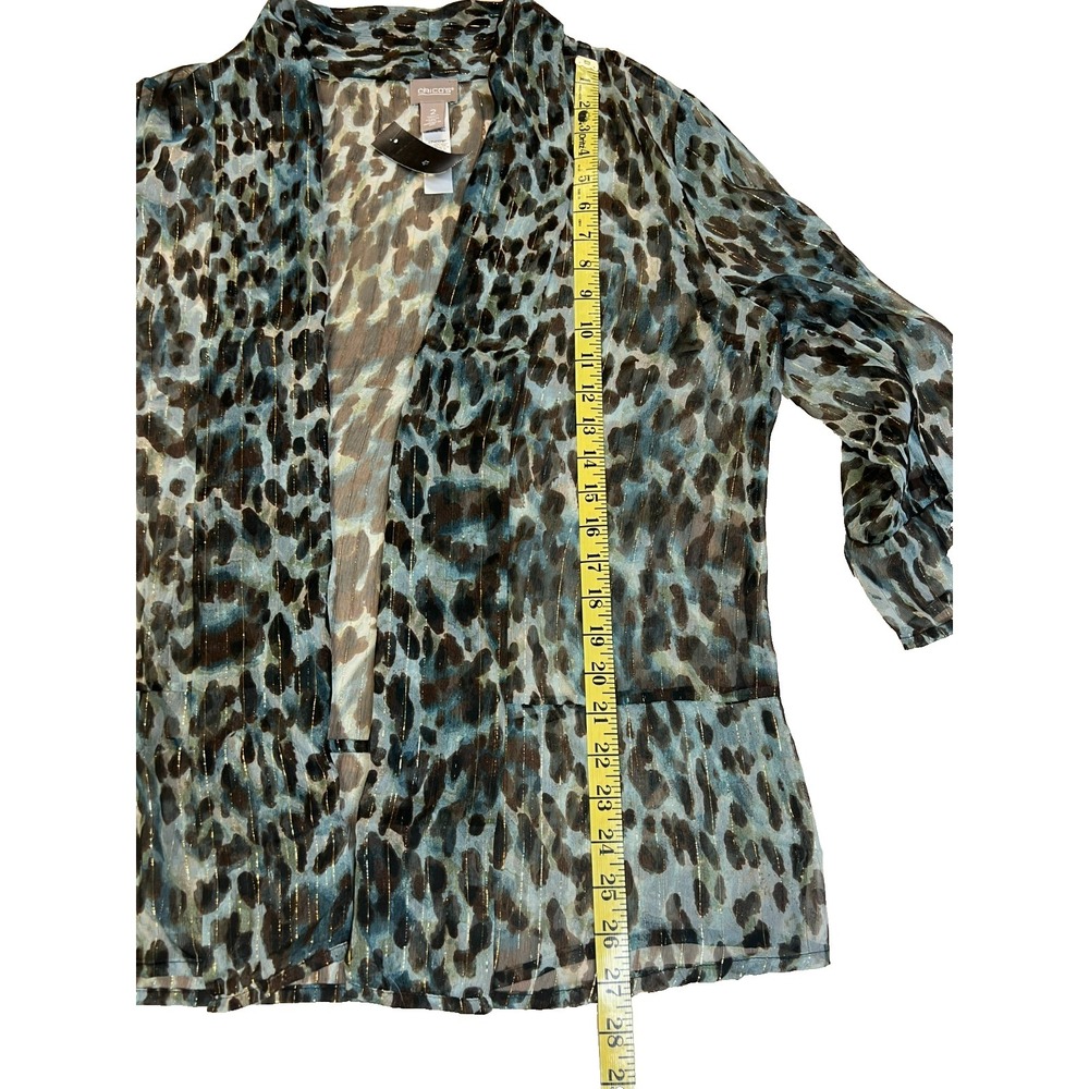 Chico's SZ 2 Open Cardigan/Coverup Sheer Georgette Blue Brown Gold Animal Print - Picture 11 of 11
